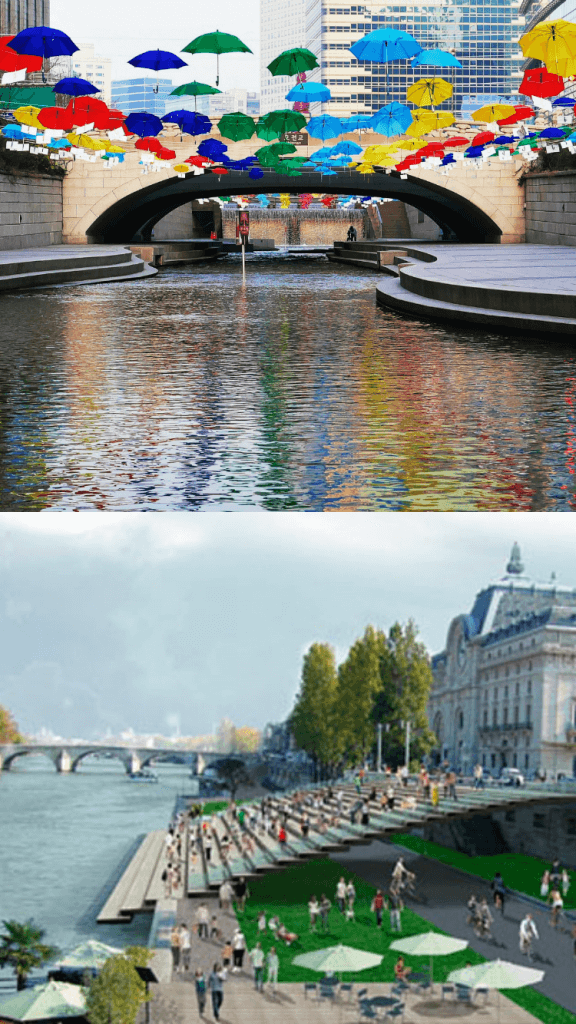 הפרויקטים האורבניים בסיאול (למעלה) ובפריז. מדגישים את הטבע