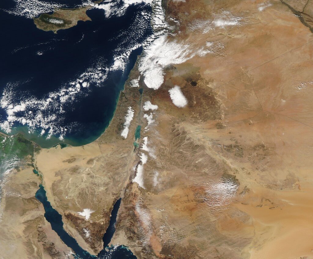 בדצמבר 2013 התחוללה סופה קשה במזרח התיכון. טמפרטורות נמוכות בצורה קיצונית, הרבה מאוד גשם וגם שלג שירד במקומות לא רגילים. צילום: NASA Goddard Space Flight Center